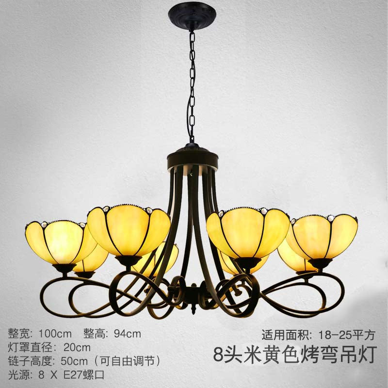3/5 Lights Scalloped/Cone Hanging Chandelier Baroque White/Yellow/Beige Glass Suspension Lighting for Living Room with Curved Arm 8 Yellow Clearhalo 'Ceiling Lights' 'Chandeliers' 'Close To Ceiling Lights' 'Glass shade' 'Glass' 'Industrial' 'Middle Century Chandeliers' 'Tiffany Chandeliers' 'Tiffany close to ceiling' 'Tiffany' Lighting' 1787837