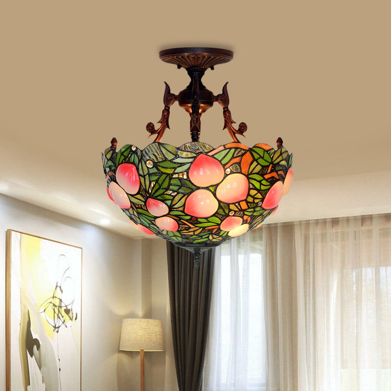 Victorian Domed Semi Flush Light Fixture 3-Head Green/Pink Stained Glass Grape/Peach Patterned Ceiling Lamp for Bedroom Pink Clearhalo 'Ceiling Lights' 'Close To Ceiling Lights' 'Close to ceiling' 'Glass shade' 'Glass' 'Pendant Lights' 'Semi-flushmount' 'Tiffany close to ceiling' 'Tiffany' Lighting' 1787859