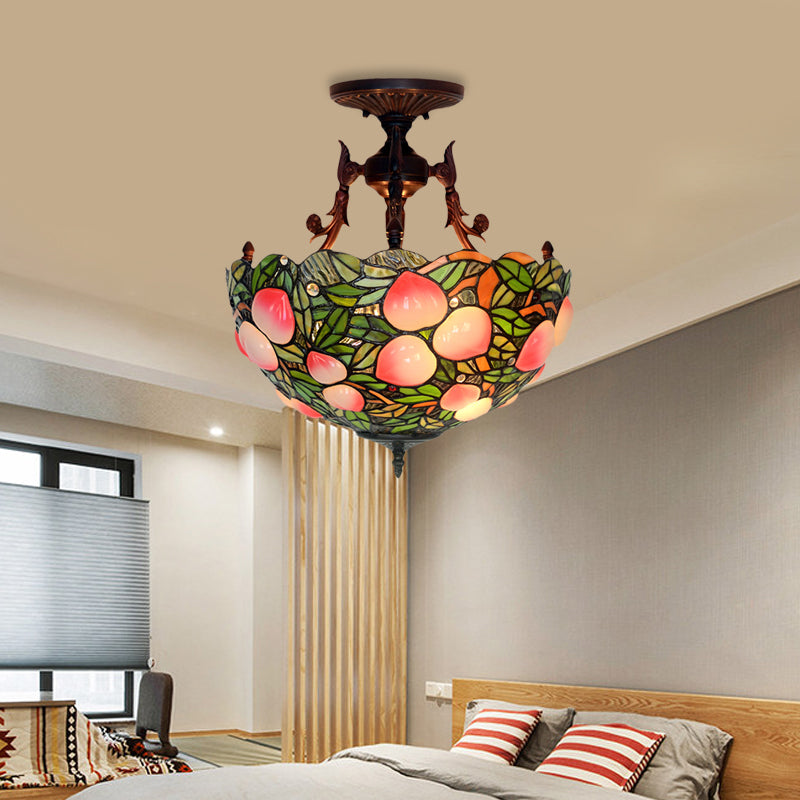 Victorian Domed Semi Flush Light Fixture 3-Head Green/Pink Stained Glass Grape/Peach Patterned Ceiling Lamp for Bedroom Clearhalo 'Ceiling Lights' 'Close To Ceiling Lights' 'Close to ceiling' 'Glass shade' 'Glass' 'Pendant Lights' 'Semi-flushmount' 'Tiffany close to ceiling' 'Tiffany' Lighting' 1787860