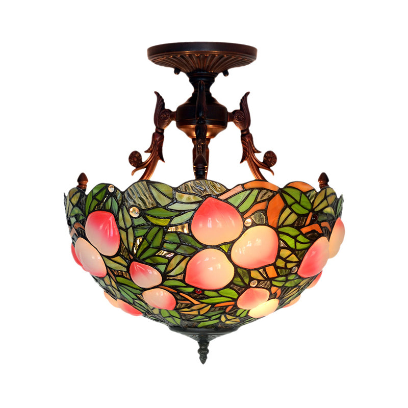 Victorian Domed Semi Flush Light Fixture 3-Head Green/Pink Stained Glass Grape/Peach Patterned Ceiling Lamp for Bedroom Clearhalo 'Ceiling Lights' 'Close To Ceiling Lights' 'Close to ceiling' 'Glass shade' 'Glass' 'Pendant Lights' 'Semi-flushmount' 'Tiffany close to ceiling' 'Tiffany' Lighting' 1787862