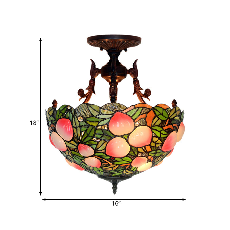 Victorian Domed Semi Flush Light Fixture 3-Head Green/Pink Stained Glass Grape/Peach Patterned Ceiling Lamp for Bedroom Clearhalo 'Ceiling Lights' 'Close To Ceiling Lights' 'Close to ceiling' 'Glass shade' 'Glass' 'Pendant Lights' 'Semi-flushmount' 'Tiffany close to ceiling' 'Tiffany' Lighting' 1787863