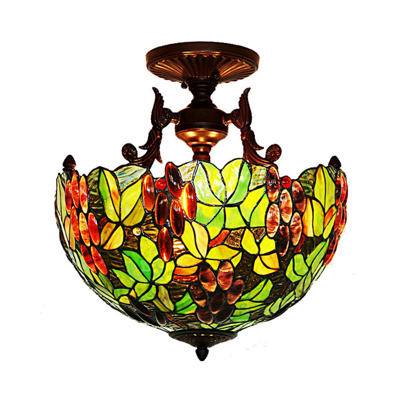 Victorian Domed Semi Flush Light Fixture 3-Head Green/Pink Stained Glass Grape/Peach Patterned Ceiling Lamp for Bedroom Green Clearhalo 'Ceiling Lights' 'Close To Ceiling Lights' 'Close to ceiling' 'Glass shade' 'Glass' 'Pendant Lights' 'Semi-flushmount' 'Tiffany close to ceiling' 'Tiffany' Lighting' 1787864