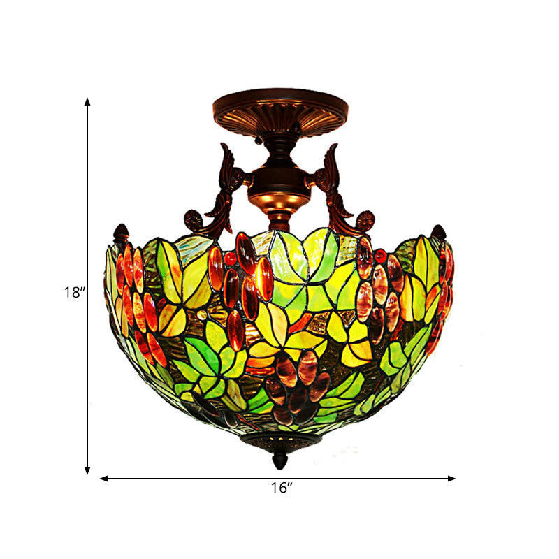Victorian Domed Semi Flush Light Fixture 3-Head Green/Pink Stained Glass Grape/Peach Patterned Ceiling Lamp for Bedroom Clearhalo 'Ceiling Lights' 'Close To Ceiling Lights' 'Close to ceiling' 'Glass shade' 'Glass' 'Pendant Lights' 'Semi-flushmount' 'Tiffany close to ceiling' 'Tiffany' Lighting' 1787865