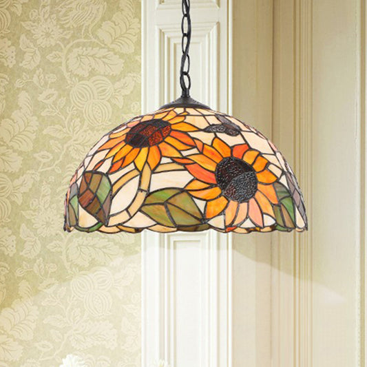 Stained Glass Black/White Pendant Lamp Domed 1 Light Baroque Floral Patterned Hanging Light Kit for Kitchen Clearhalo 'Ceiling Lights' 'Close To Ceiling Lights' 'Industrial' 'Middle Century Pendants' 'Pendant Lights' 'Pendants' 'Tiffany close to ceiling' 'Tiffany Pendants' 'Tiffany' Lighting' 1787893