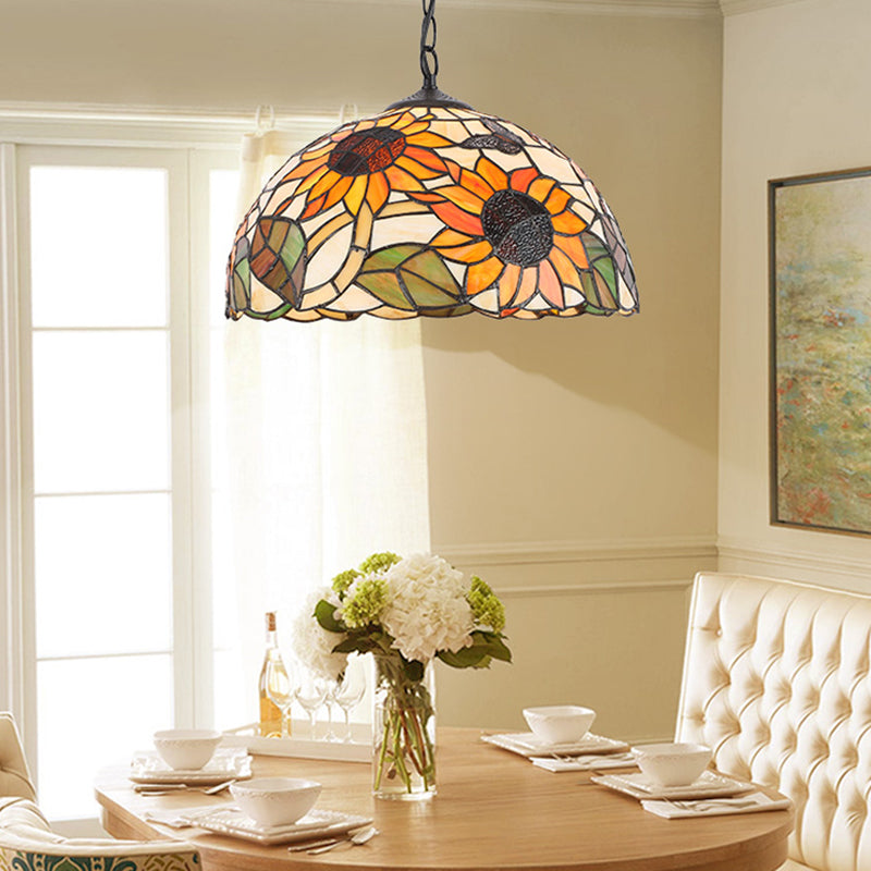 Stained Glass Black/White Pendant Lamp Domed 1 Light Baroque Floral Patterned Hanging Light Kit for Kitchen Yellow Clearhalo 'Ceiling Lights' 'Close To Ceiling Lights' 'Industrial' 'Middle Century Pendants' 'Pendant Lights' 'Pendants' 'Tiffany close to ceiling' 'Tiffany Pendants' 'Tiffany' Lighting' 1787894