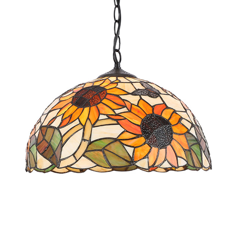 Stained Glass Black/White Pendant Lamp Domed 1 Light Baroque Floral Patterned Hanging Light Kit for Kitchen Clearhalo 'Ceiling Lights' 'Close To Ceiling Lights' 'Industrial' 'Middle Century Pendants' 'Pendant Lights' 'Pendants' 'Tiffany close to ceiling' 'Tiffany Pendants' 'Tiffany' Lighting' 1787895