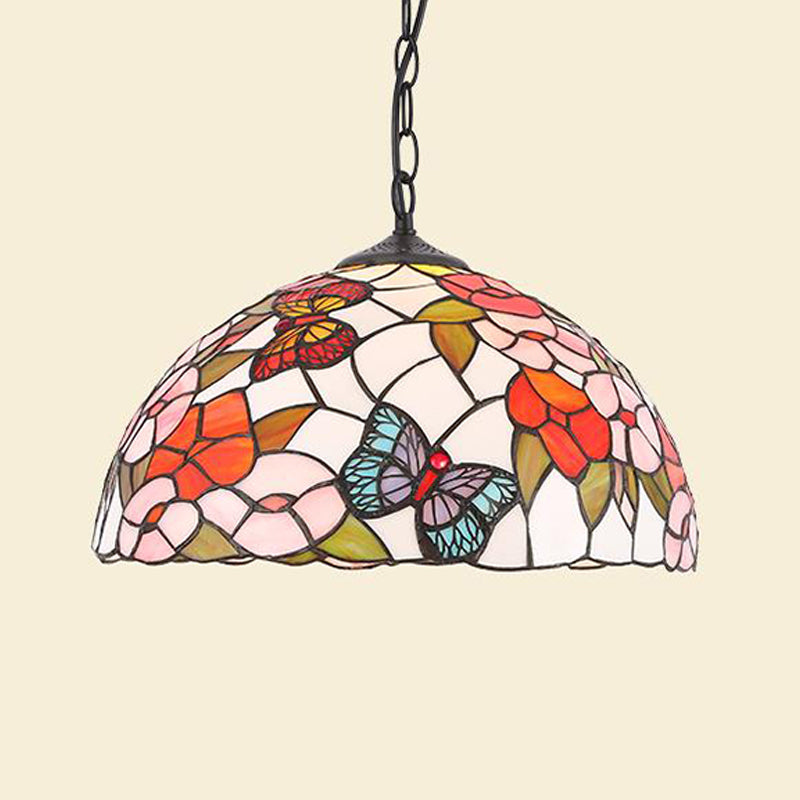 Stained Glass Black/White Pendant Lamp Domed 1 Light Baroque Floral Patterned Hanging Light Kit for Kitchen Clearhalo 'Ceiling Lights' 'Close To Ceiling Lights' 'Industrial' 'Middle Century Pendants' 'Pendant Lights' 'Pendants' 'Tiffany close to ceiling' 'Tiffany Pendants' 'Tiffany' Lighting' 1787896