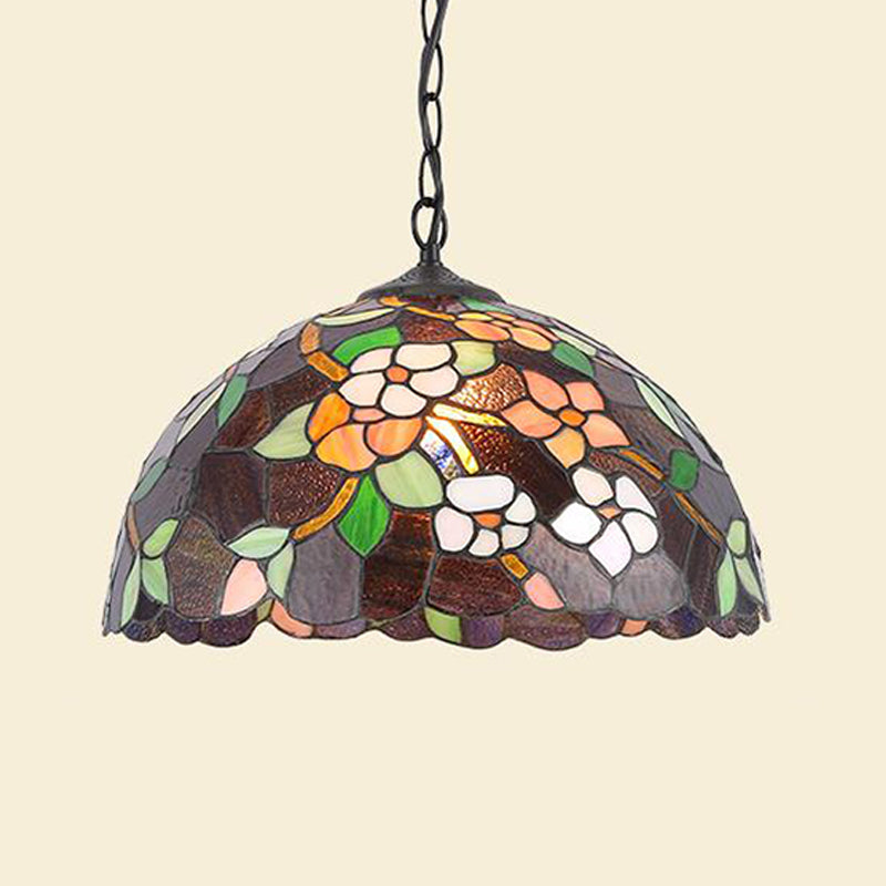 Stained Glass Black/White Pendant Lamp Domed 1 Light Baroque Floral Patterned Hanging Light Kit for Kitchen Black Clearhalo 'Ceiling Lights' 'Close To Ceiling Lights' 'Industrial' 'Middle Century Pendants' 'Pendant Lights' 'Pendants' 'Tiffany close to ceiling' 'Tiffany Pendants' 'Tiffany' Lighting' 1787897