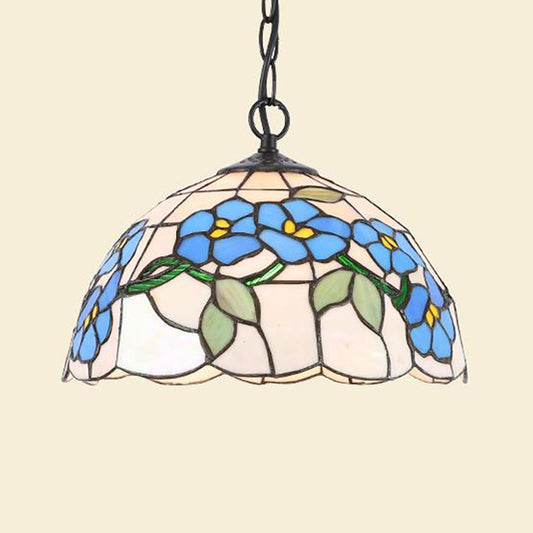 Stained Glass Black/White Pendant Lamp Domed 1 Light Baroque Floral Patterned Hanging Light Kit for Kitchen Blue Clearhalo 'Ceiling Lights' 'Close To Ceiling Lights' 'Industrial' 'Middle Century Pendants' 'Pendant Lights' 'Pendants' 'Tiffany close to ceiling' 'Tiffany Pendants' 'Tiffany' Lighting' 1787898