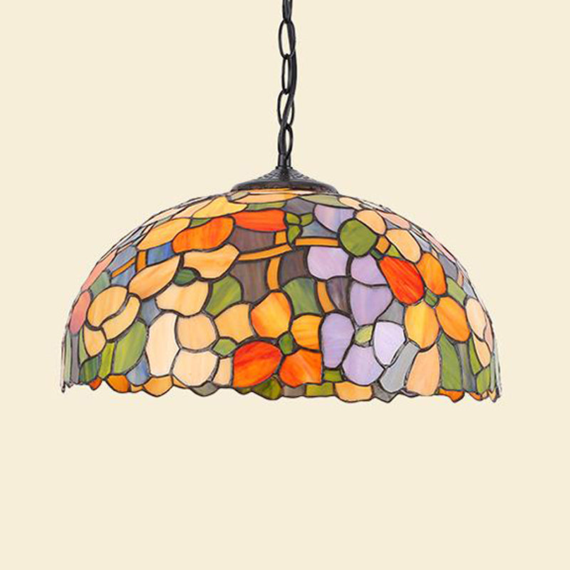 Stained Glass Black/White Pendant Lamp Domed 1 Light Baroque Floral Patterned Hanging Light Kit for Kitchen Clearhalo 'Ceiling Lights' 'Close To Ceiling Lights' 'Industrial' 'Middle Century Pendants' 'Pendant Lights' 'Pendants' 'Tiffany close to ceiling' 'Tiffany Pendants' 'Tiffany' Lighting' 1787899