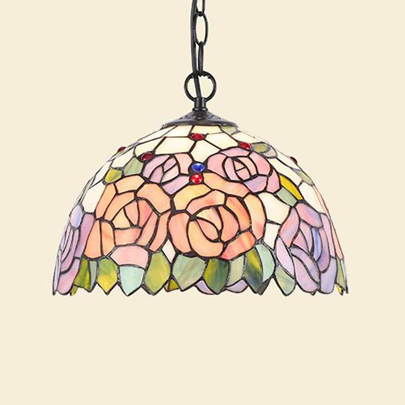 Stained Glass Black/White Pendant Lamp Domed 1 Light Baroque Floral Patterned Hanging Light Kit for Kitchen Pink Clearhalo 'Ceiling Lights' 'Close To Ceiling Lights' 'Industrial' 'Middle Century Pendants' 'Pendant Lights' 'Pendants' 'Tiffany close to ceiling' 'Tiffany Pendants' 'Tiffany' Lighting' 1787900
