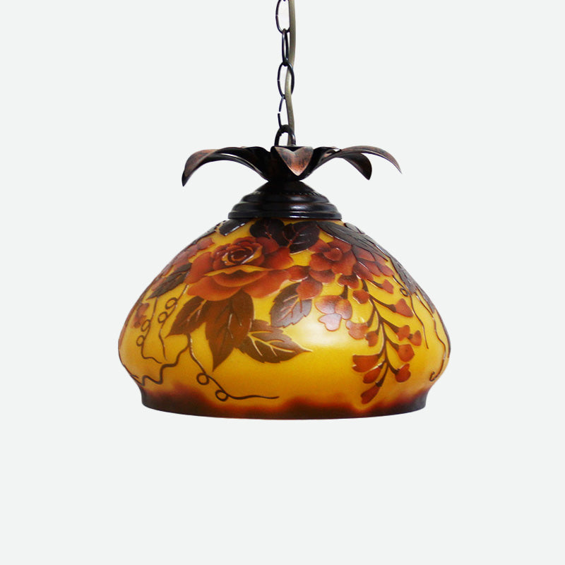 1 Light Pendulum Light Tiffany Tapered White/Yellow/Orange Glass Ceiling Pendant with Grape/Blossom Pattern Clearhalo 'Ceiling Lights' 'Close To Ceiling Lights' 'Glass shade' 'Glass' 'Industrial' 'Middle Century Pendants' 'Pendant Lights' 'Pendants' 'Tiffany close to ceiling' 'Tiffany Pendants' 'Tiffany' Lighting' 1787908