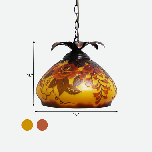 1 Light Pendulum Light Tiffany Tapered White/Yellow/Orange Glass Ceiling Pendant with Grape/Blossom Pattern Clearhalo 'Ceiling Lights' 'Close To Ceiling Lights' 'Glass shade' 'Glass' 'Industrial' 'Middle Century Pendants' 'Pendant Lights' 'Pendants' 'Tiffany close to ceiling' 'Tiffany Pendants' 'Tiffany' Lighting' 1787909