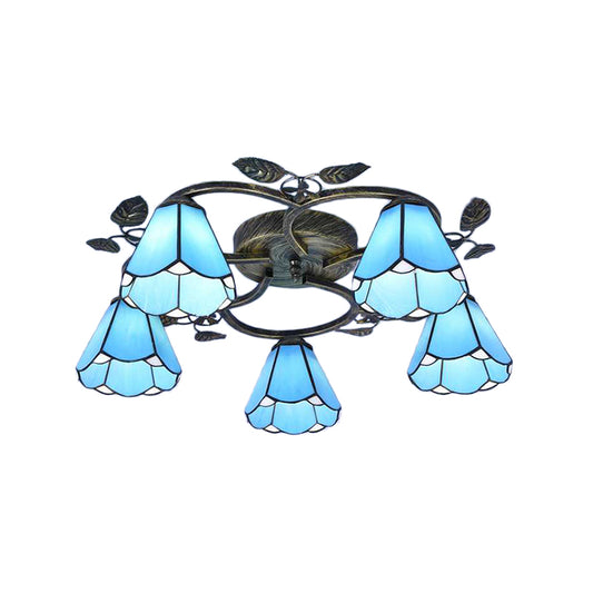 Lattice Domed Ceiling Mount Light 5/9 Lights Tiffany Classic Art Glass Ceiling Lamp in Blue/Sky Blue for Cloth Shop Clearhalo 'Ceiling Lights' 'Close To Ceiling Lights' 'Close to ceiling' 'Glass shade' 'Glass' 'Semi-flushmount' 'Tiffany close to ceiling' 'Tiffany' Lighting' 178791