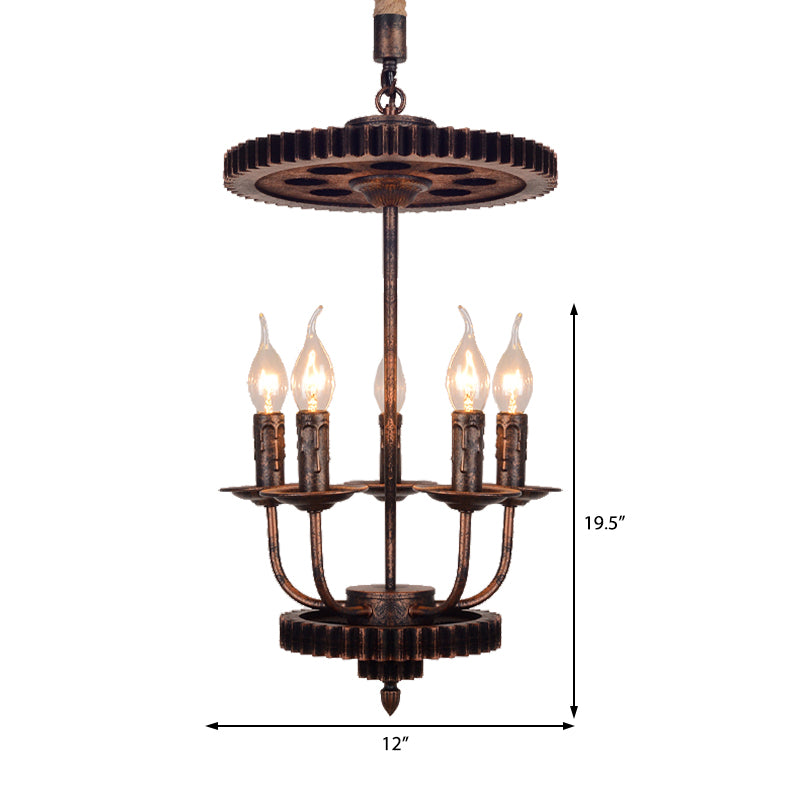 1/5-Light Pendant Light Kit Vintage Gear Metal Down Lighting in Rust for Coffee Shop with Rope Rod Clearhalo 'Art Deco Pendants' 'Cast Iron' 'Ceiling Lights' 'Ceramic' 'Crystal' 'Industrial Pendants' 'Industrial' 'Metal' 'Middle Century Pendants' 'Pendant Lights' 'Pendants' 'Tiffany' Lighting' 1787938