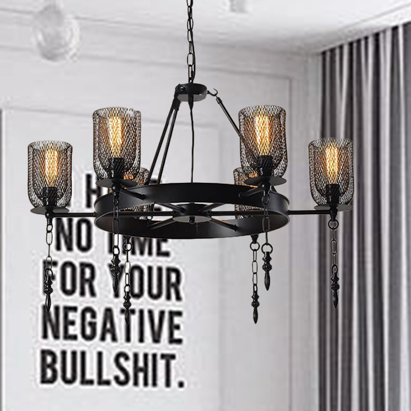 Bell Metallic Chandelier Light Fixture Industrial 3/6 Lights Dining Room Hanging Lamp Kit in Black with Wheel Design 6 Black Clearhalo 'Ceiling Lights' 'Chandeliers' 'Industrial Chandeliers' 'Industrial' 'Middle Century Chandeliers' 'Tiffany' Lighting' 1787950