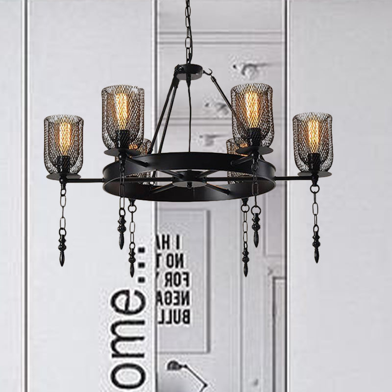 Bell Metallic Chandelier Light Fixture Industrial 3/6 Lights Dining Room Hanging Lamp Kit in Black with Wheel Design Clearhalo 'Ceiling Lights' 'Chandeliers' 'Industrial Chandeliers' 'Industrial' 'Middle Century Chandeliers' 'Tiffany' Lighting' 1787951