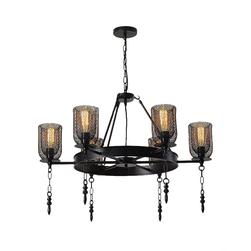 Bell Metallic Chandelier Light Fixture Industrial 3/6 Lights Dining Room Hanging Lamp Kit in Black with Wheel Design Clearhalo 'Ceiling Lights' 'Chandeliers' 'Industrial Chandeliers' 'Industrial' 'Middle Century Chandeliers' 'Tiffany' Lighting' 1787953