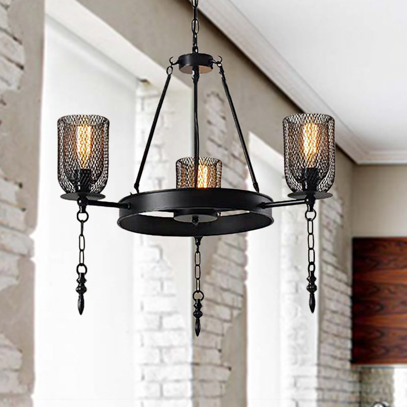 Bell Metallic Chandelier Light Fixture Industrial 3/6 Lights Dining Room Hanging Lamp Kit in Black with Wheel Design Clearhalo 'Ceiling Lights' 'Chandeliers' 'Industrial Chandeliers' 'Industrial' 'Middle Century Chandeliers' 'Tiffany' Lighting' 1787955