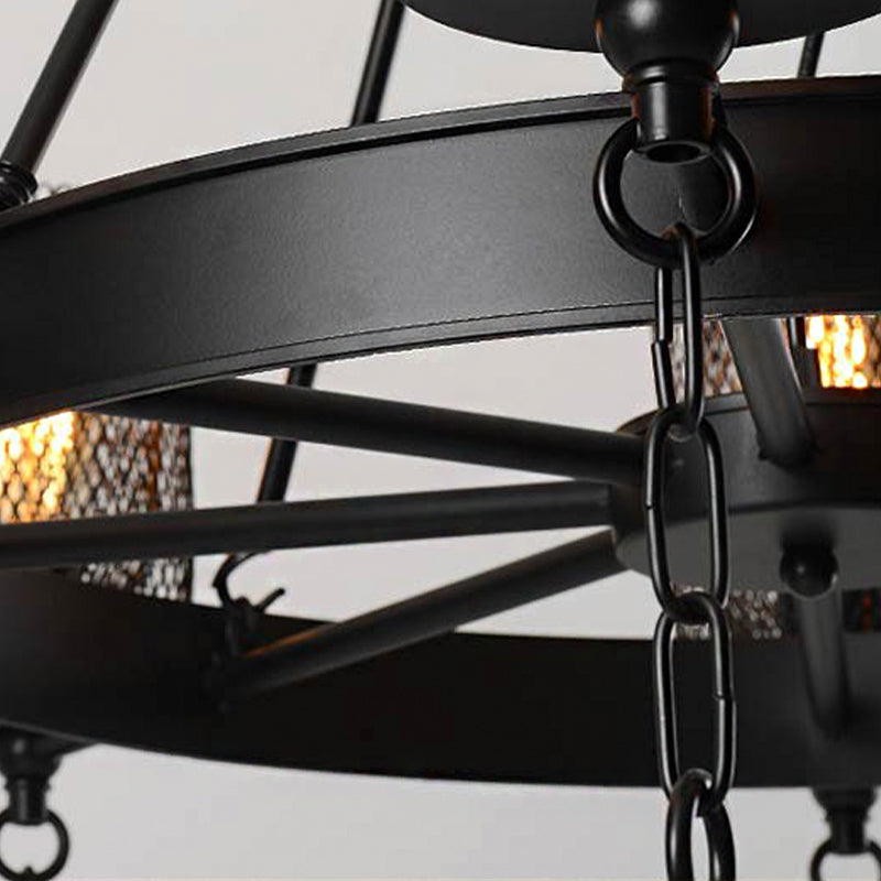 Bell Metallic Chandelier Light Fixture Industrial 3/6 Lights Dining Room Hanging Lamp Kit in Black with Wheel Design Clearhalo 'Ceiling Lights' 'Chandeliers' 'Industrial Chandeliers' 'Industrial' 'Middle Century Chandeliers' 'Tiffany' Lighting' 1787959