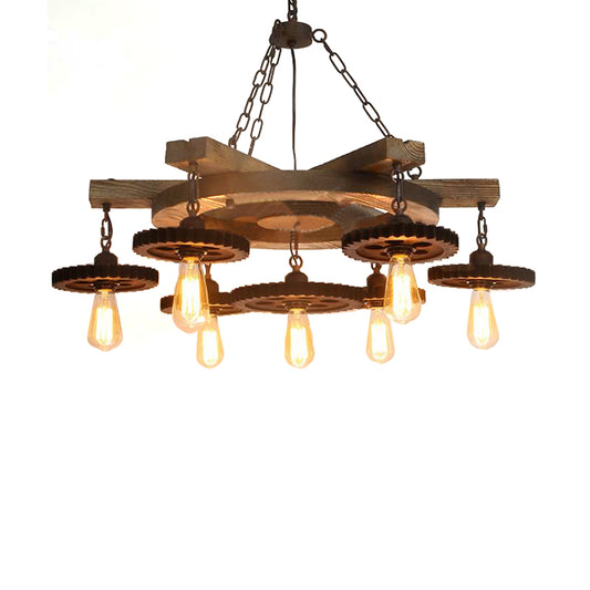 Metal Black Ceiling Chandelier Gear 3/7 Lights Industrial Down Lighting in Black with Round Wood Shelf Clearhalo 'Cast Iron' 'Ceiling Lights' 'Chandeliers' 'Industrial Chandeliers' 'Industrial' 'Metal' 'Middle Century Chandeliers' 'Rustic Chandeliers' 'Tiffany' Lighting' 1787962