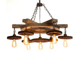 Metal Black Ceiling Chandelier Gear 3/7 Lights Industrial Down Lighting in Black with Round Wood Shelf Clearhalo 'Cast Iron' 'Ceiling Lights' 'Chandeliers' 'Industrial Chandeliers' 'Industrial' 'Metal' 'Middle Century Chandeliers' 'Rustic Chandeliers' 'Tiffany' Lighting' 1787962