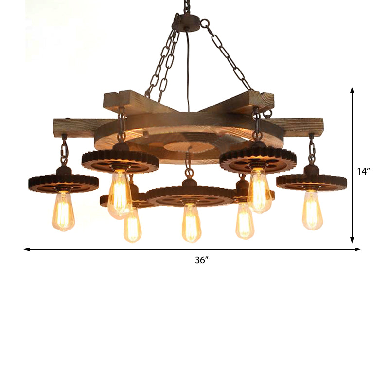 Metal Black Ceiling Chandelier Gear 3/7 Lights Industrial Down Lighting in Black with Round Wood Shelf Clearhalo 'Cast Iron' 'Ceiling Lights' 'Chandeliers' 'Industrial Chandeliers' 'Industrial' 'Metal' 'Middle Century Chandeliers' 'Rustic Chandeliers' 'Tiffany' Lighting' 1787963
