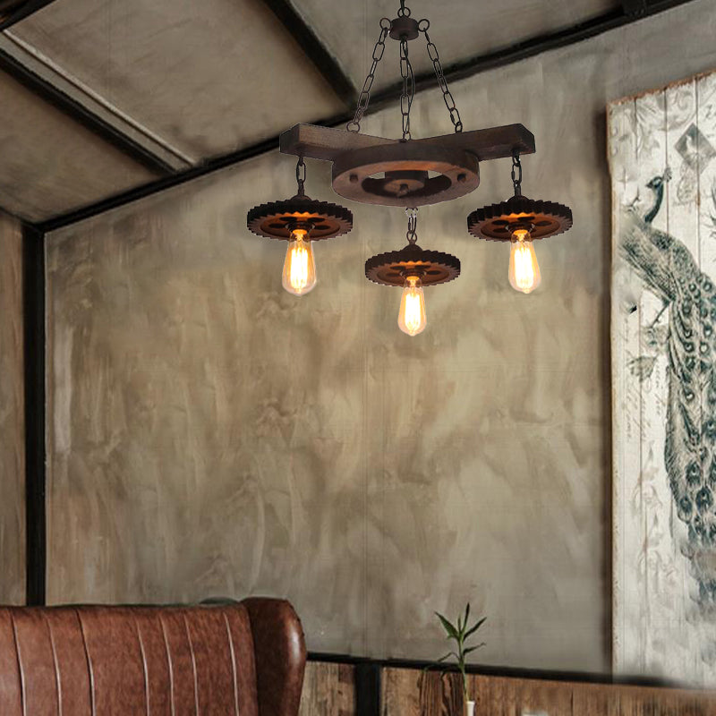 Metal Black Ceiling Chandelier Gear 3/7 Lights Industrial Down Lighting in Black with Round Wood Shelf Clearhalo 'Cast Iron' 'Ceiling Lights' 'Chandeliers' 'Industrial Chandeliers' 'Industrial' 'Metal' 'Middle Century Chandeliers' 'Rustic Chandeliers' 'Tiffany' Lighting' 1787965