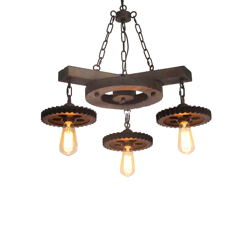 Metal Black Ceiling Chandelier Gear 3/7 Lights Industrial Down Lighting in Black with Round Wood Shelf Clearhalo 'Cast Iron' 'Ceiling Lights' 'Chandeliers' 'Industrial Chandeliers' 'Industrial' 'Metal' 'Middle Century Chandeliers' 'Rustic Chandeliers' 'Tiffany' Lighting' 1787966