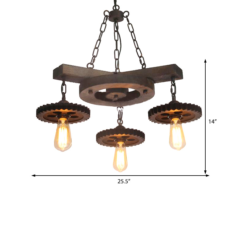Metal Black Ceiling Chandelier Gear 3/7 Lights Industrial Down Lighting in Black with Round Wood Shelf Clearhalo 'Cast Iron' 'Ceiling Lights' 'Chandeliers' 'Industrial Chandeliers' 'Industrial' 'Metal' 'Middle Century Chandeliers' 'Rustic Chandeliers' 'Tiffany' Lighting' 1787967