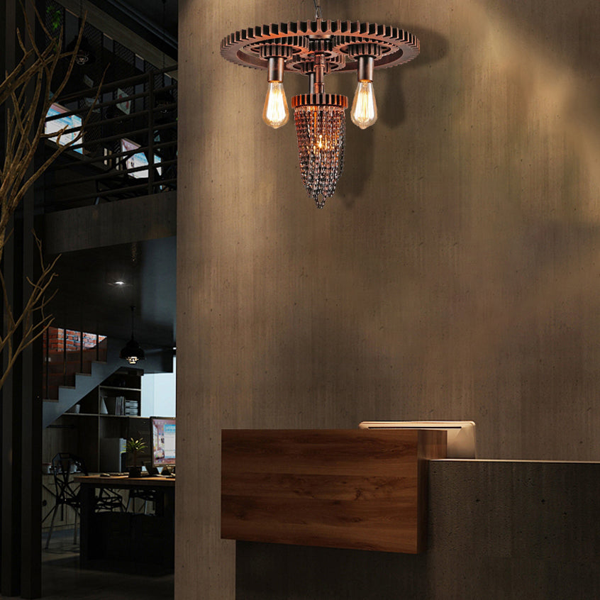 Metallic Gear Hanging Chandelier Vintage 3 Heads Restaurant Ceiling Pendant in Rust Clearhalo 'Cast Iron' 'Ceiling Lights' 'Chandeliers' 'Industrial Chandeliers' 'Industrial' 'Metal' 'Middle Century Chandeliers' 'Rustic Chandeliers' 'Tiffany' Lighting' 1787972