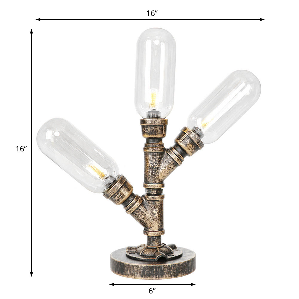 Aged Bronze 3 Bulbs LED Table Lamp Industrial Amber/Clear Glass Capsule Nightstand Light for Teahouse Clearhalo 'Lamps' 'Table Lamps' Lighting' 1788013