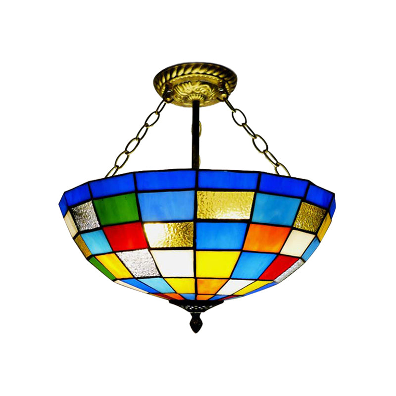 Stained Glass Lattice Dome Ceiling Light Cafe Tiffany Vintage Inverted Chandelier in Antique Brass Clearhalo 'Ceiling Lights' 'Close To Ceiling Lights' 'Close to ceiling' 'Glass shade' 'Glass' 'Semi-flushmount' 'Tiffany close to ceiling' 'Tiffany' Lighting' 178802