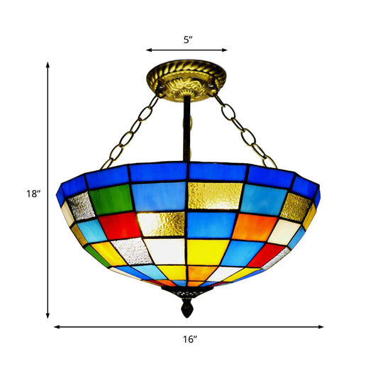 Stained Glass Lattice Dome Ceiling Light Cafe Tiffany Vintage Inverted Chandelier in Antique Brass Clearhalo 'Ceiling Lights' 'Close To Ceiling Lights' 'Close to ceiling' 'Glass shade' 'Glass' 'Semi-flushmount' 'Tiffany close to ceiling' 'Tiffany' Lighting' 178803