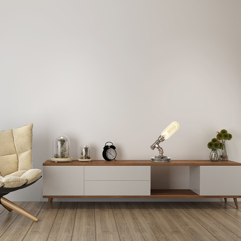 Capsule Bedroom LED Night Light Industrial Amber/Clear Glass 1 Head Nickel Table Lamp with Pipe Metal Base Clearhalo 'Lamps' 'Table Lamps' Lighting' 1788059