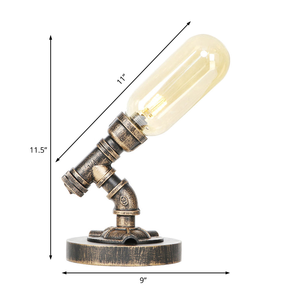 Capsule Bedroom LED Night Light Industrial Amber/Clear Glass 1 Head Nickel Table Lamp with Pipe Metal Base Clearhalo 'Lamps' 'Table Lamps' Lighting' 1788061