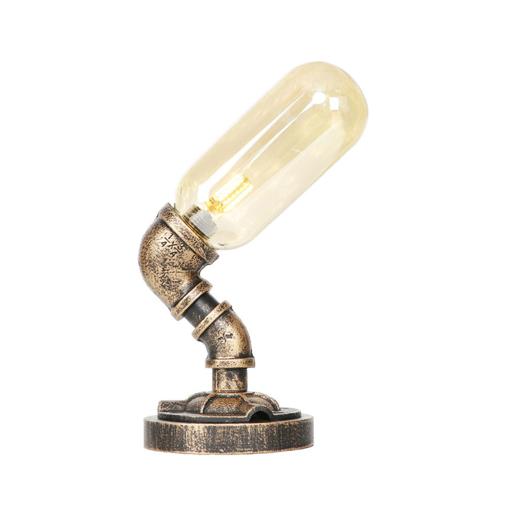 Capsule Bedroom LED Night Light Industrial Amber/Clear Glass 1 Head Nickel Table Lamp with Pipe Metal Base Clearhalo 'Lamps' 'Table Lamps' Lighting' 1788064