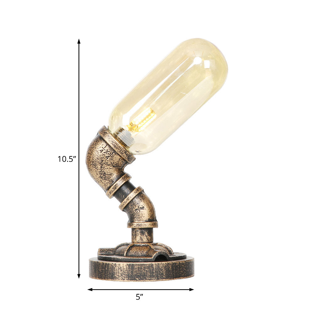 Capsule Bedroom LED Night Light Industrial Amber/Clear Glass 1 Head Nickel Table Lamp with Pipe Metal Base Clearhalo 'Lamps' 'Table Lamps' Lighting' 1788065