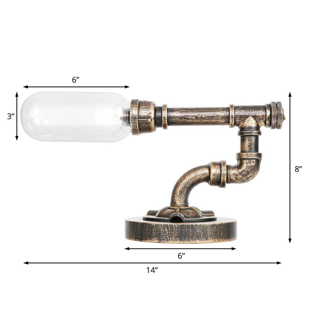 Capsule Bedroom LED Night Light Industrial Amber/Clear Glass 1 Head Nickel Table Lamp with Pipe Metal Base Clearhalo 'Lamps' 'Table Lamps' Lighting' 1788069