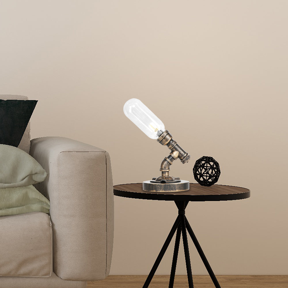 Capsule Bedroom LED Night Light Industrial Amber/Clear Glass 1 Head Nickel Table Lamp with Pipe Metal Base Clear C Clearhalo 'Lamps' 'Table Lamps' Lighting' 1788070