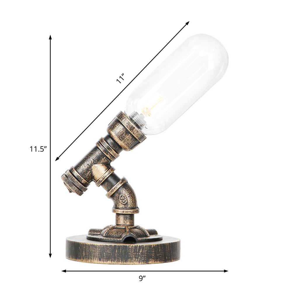 Capsule Bedroom LED Night Light Industrial Amber/Clear Glass 1 Head Nickel Table Lamp with Pipe Metal Base Clearhalo 'Lamps' 'Table Lamps' Lighting' 1788073