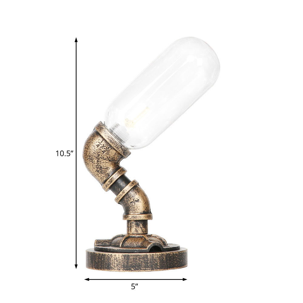 Capsule Bedroom LED Night Light Industrial Amber/Clear Glass 1 Head Nickel Table Lamp with Pipe Metal Base Clearhalo 'Lamps' 'Table Lamps' Lighting' 1788077