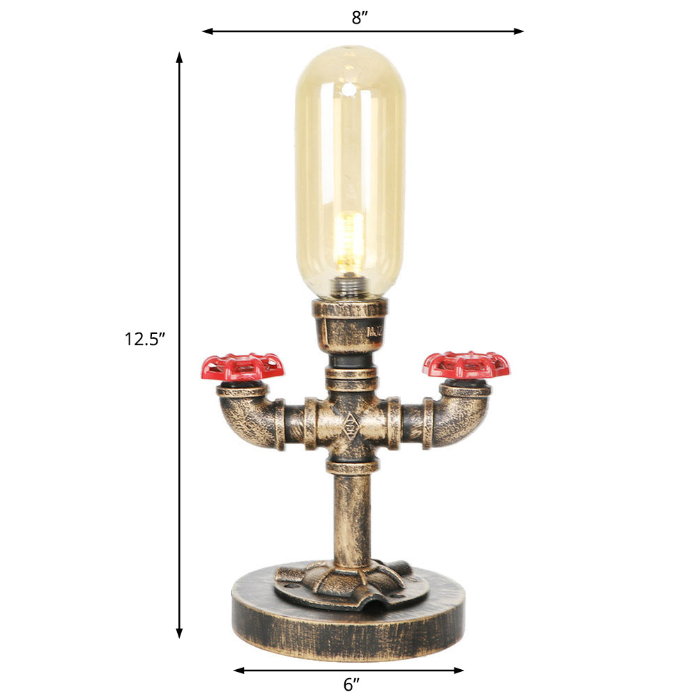 1 Light Capsule Table Light Industrial Brass Clear/Amber Glass Nightstand Lamp with Pipe Metal Base for Teahouse Clearhalo 'Lamps' 'Table Lamps' Lighting' 1788081