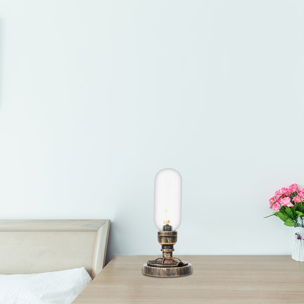 1 Light Capsule Table Light Industrial Brass Clear/Amber Glass Nightstand Lamp with Pipe Metal Base for Teahouse Clearhalo 'Lamps' 'Table Lamps' Lighting' 1788103