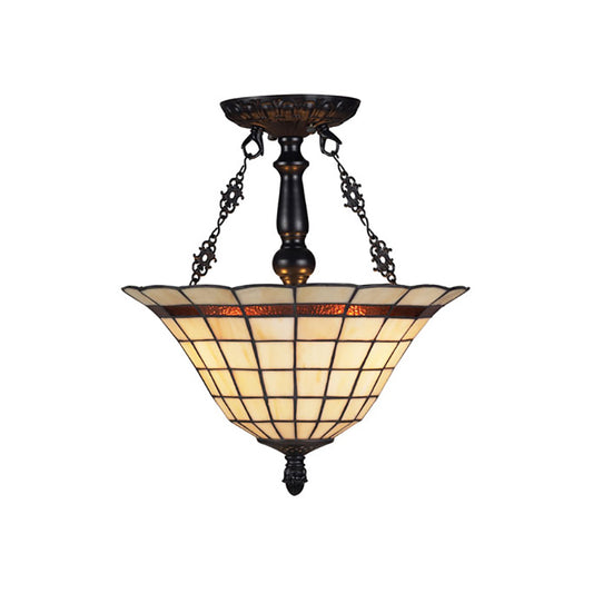 Glass Lattice Bell Chandelier Tiffany Antique Inverted Pendant Light in Beige for Restaurant Clearhalo 'Ceiling Lights' 'Close To Ceiling Lights' 'Close to ceiling' 'Glass shade' 'Glass' 'Semi-flushmount' 'Tiffany close to ceiling' 'Tiffany' Lighting' 178816