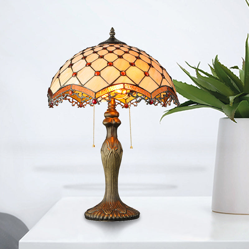 2 Lights Bowl Desk Light with Bead Tiffany Classic Art Glass Desk Lamp in Beige for Study Room Beige Clearhalo 'Lamps' 'Table Lamps' Lighting' 178818