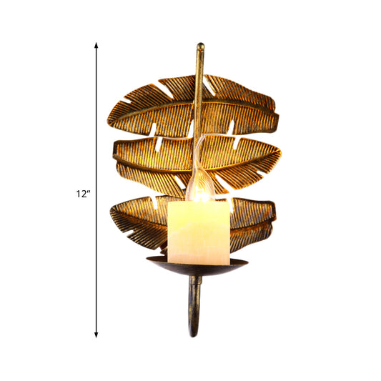 Vintage Leaf Sconce Lighting 1 Bulb Metal Wall Mounted Lamp Fixture in Brass with Cylinder Marble Shade Clearhalo 'Art deco wall lights' 'Cast Iron' 'Glass' 'Industrial wall lights' 'Industrial' 'Middle century wall lights' 'Modern' 'Rustic wall lights' 'Tiffany' 'Traditional wall lights' 'Wall Lamps & Sconces' 'Wall Lights' Lighting' 1788205