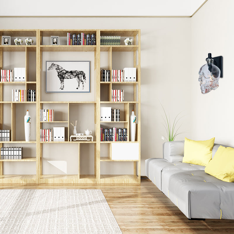 Black Skull Shape Sconce Lighting Vintage Clear Glass 1 Light Living Room Wall Mounted Lamp Fixture Clearhalo 'Cast Iron' 'Glass' 'Industrial wall lights' 'Industrial' 'Middle century wall lights' 'Modern' 'Tiffany' 'Traditional wall lights' 'Wall Lamps & Sconces' 'Wall Lights' Lighting' 1788212