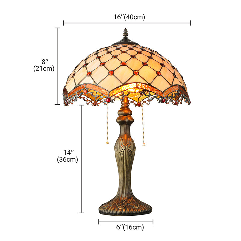 2 Lights Bowl Desk Light with Bead Tiffany Classic Art Glass Desk Lamp in Beige for Study Room Clearhalo 'Lamps' 'Table Lamps' Lighting' 178822