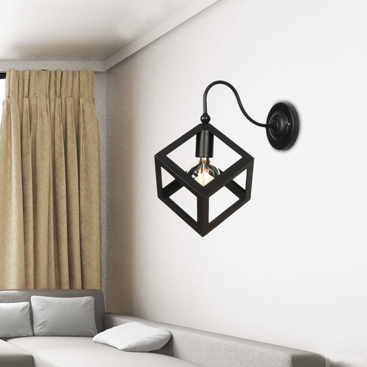 Cube Cage Bedroom Wall Lighting Vintage Metal 1 Bulb Black/Rust Finish Wall Sconce Lamp with Gooseneck Arm Black Clearhalo 'Art deco wall lights' 'Cast Iron' 'Glass' 'Industrial wall lights' 'Industrial' 'Middle century wall lights' 'Modern' 'Rustic wall lights' 'Tiffany' 'Traditional wall lights' 'Wall Lamps & Sconces' 'Wall Lights' Lighting' 1788224